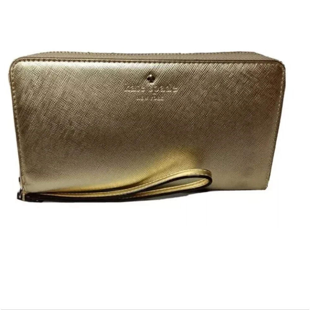 Kate Spade Large Zip Around Wallet Gold Saffiano Leather Retail $195